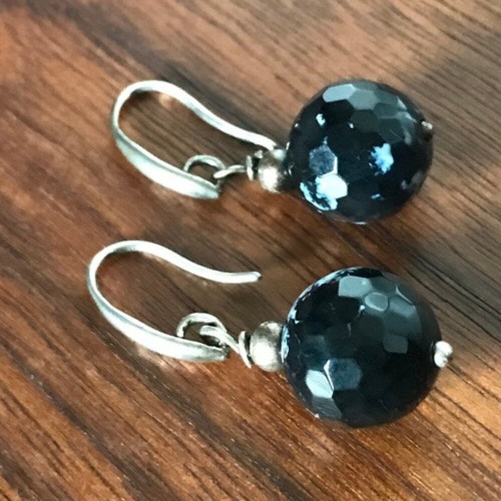 Artisan semiprecious faceted black/white speckled natural stone dangle earrings